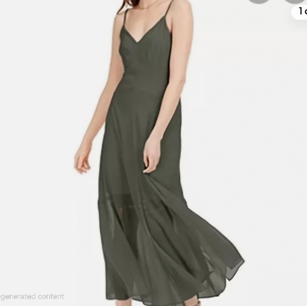 Bar III Women's Olive Green Spaghetti Strap Sheer Lined Maxi Dress Size 10